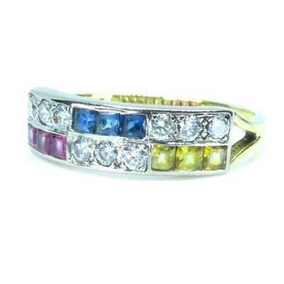 vintage sapphire, ruby and diamond ring in 18ct yellow gold